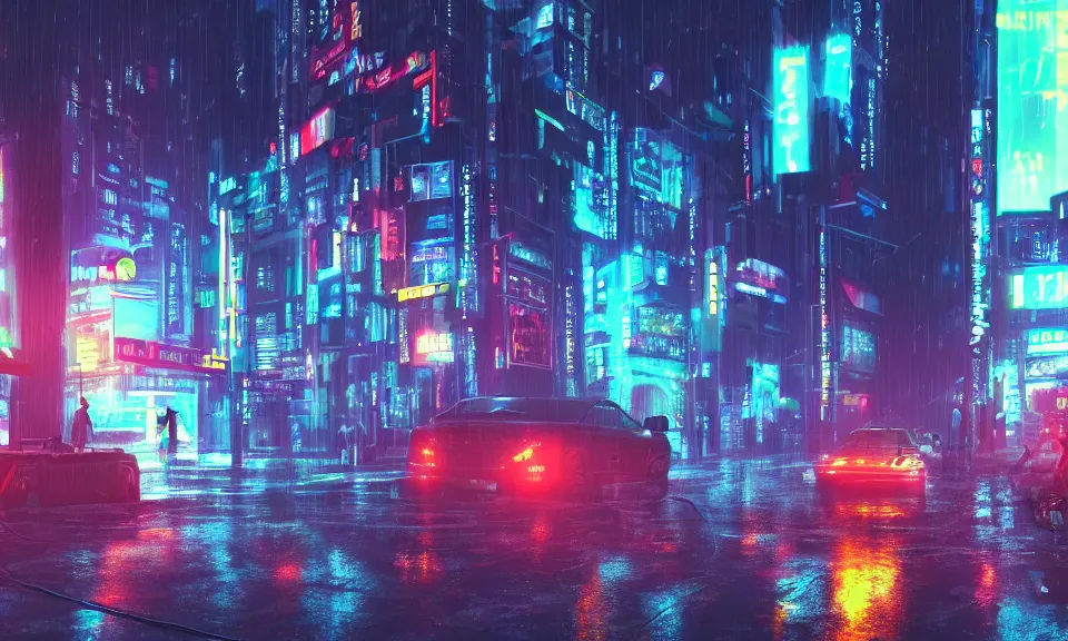 Image similar to a cyberpunk street scene with neon lights, raining, cinematic, atmospheric lighting, 4k uhd wallpaper, digital art trending on artstation