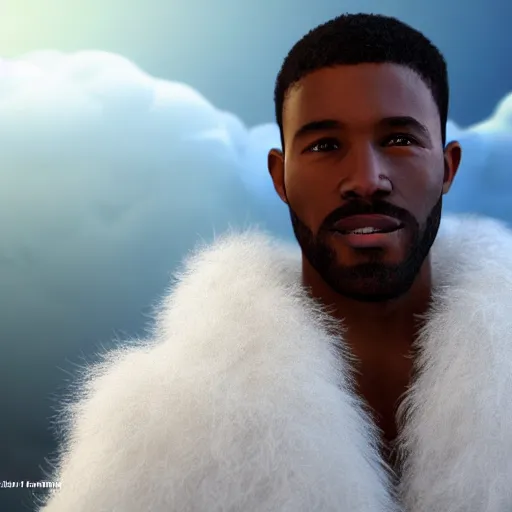 Image similar to beautiful 3D rendered fictional black man character made of fluffy clouds, wearing white suit, realistic, 8k, 4k, unreal engine, by Antoni Tudisco, artstation