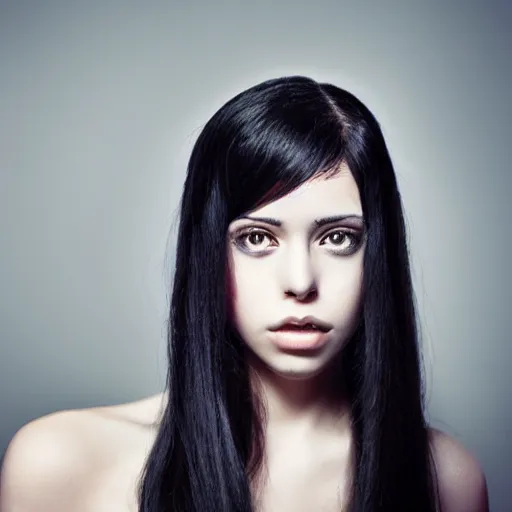 Image similar to portrait of beautiful black haired female angel, shameful, sad, dark