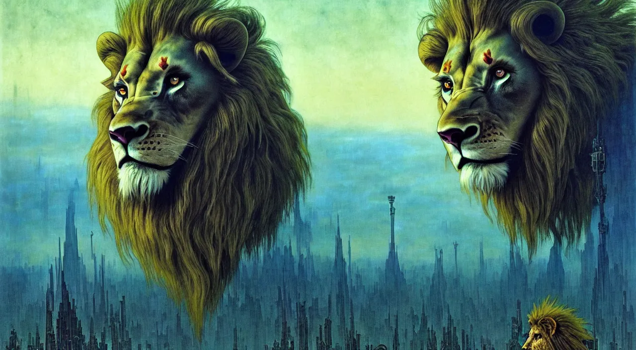 Image similar to realistic detailed portrait movie shot of a lionman wearing dark robes, sci fi city landscape background by denis villeneuve, amano, yves tanguy, alphonse mucha, ernst haeckel, max ernst, roger dean, masterpiece, rich moody colours, blue eyes, occult
