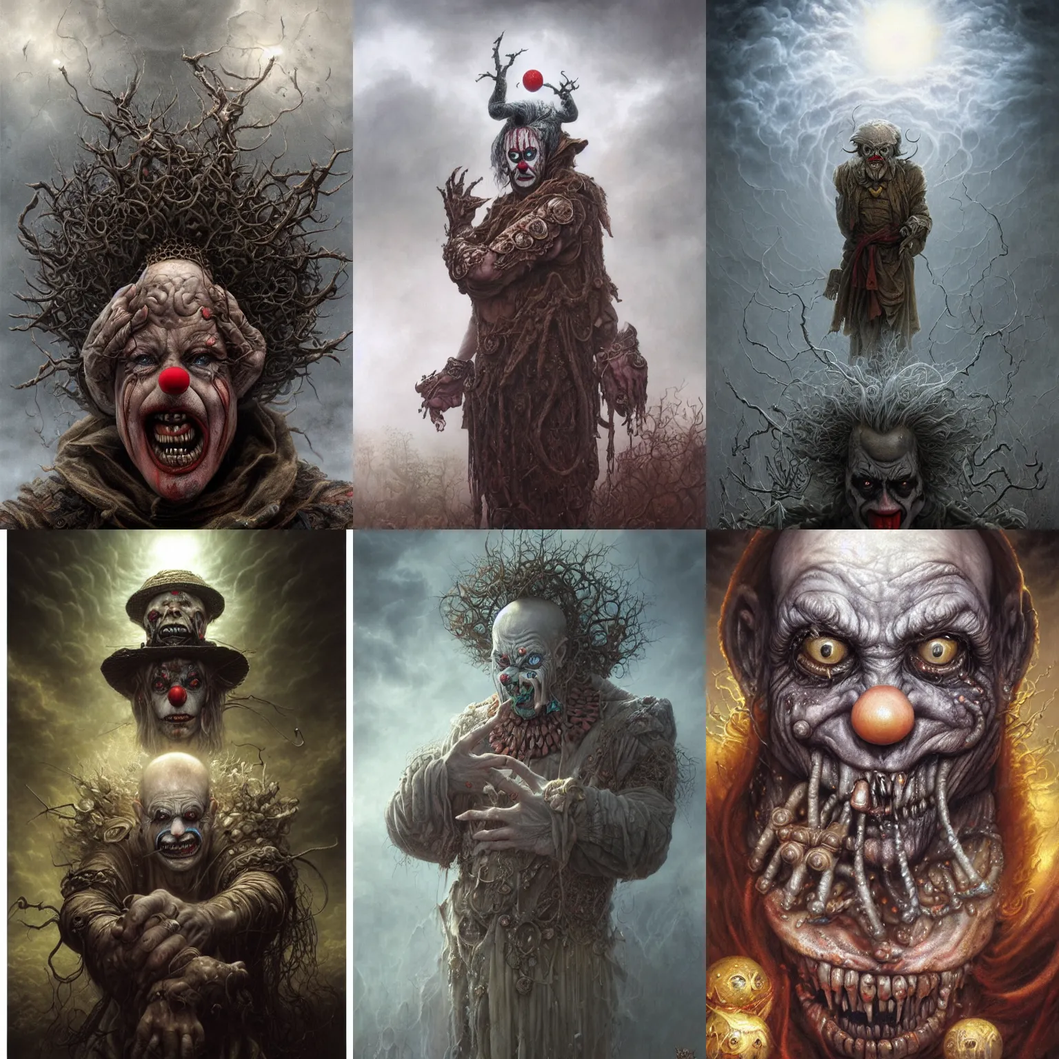 Prompt: highly detailed elden ring portrait photo full shot of a sad clown with a small raincloud over his hat who torments the souls of the damned in hell, hyperrealistic illustration by tomasz alen kopera, peter mohrbacher, donato giancola, joseph christian leyendecker wlop and boris vallejo