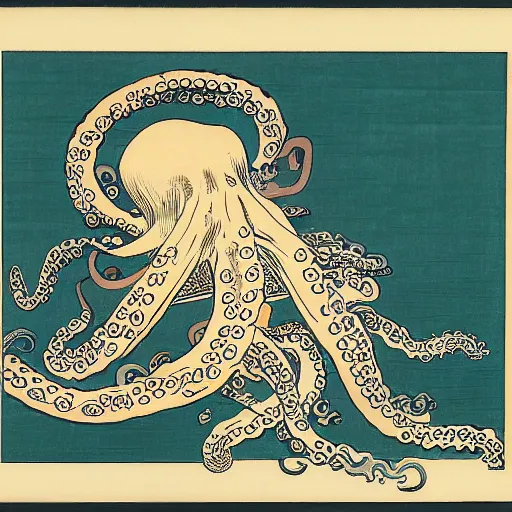 Image similar to an octopus using a laptop to hack into a server, ukiyo-e by Utagawa Kuniyoshi