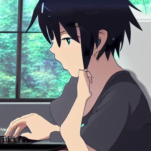 Prompt: a cat browsing memes on a laptop, anime scene by Makoto Shinkai, wholesome digital art
