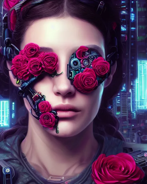 Image similar to portrait of a female face with roses instead of eyes, cyberpunk cyborg. roses, sci - fi, intricate abstract upper body intricate artwork, by tooth wu, wlop, beeple, dan mumford. concept art, octane render, deviantart, greg rutkowski, cinematic arthouse, key art, hyper realism, iridescent accents