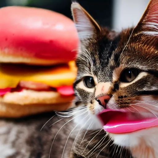 Prompt: photo of Cat biting into a juicy pink hamburger