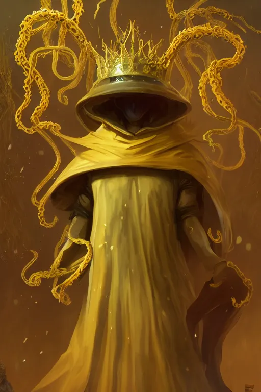 Image similar to A full body portrait of a mysterious character with no face with a very long hooded yellow cloak, a golden crown floating above his head, tentacles coming out the ground art by Shaddy Safadi and Jason Chan, ominous, cosmic horror, trending on artstation, Ultra detailed, hyper realistic 4k