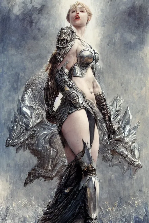 Image similar to redhead emilia clarke wearing black and silver ornamented armour, bare legs, detailed, by gaston bussiere, bayard wu, greg rutkowski, giger, maxim verehin, greg rutkowski, masterpiece, sharp focus, cinematic lightning