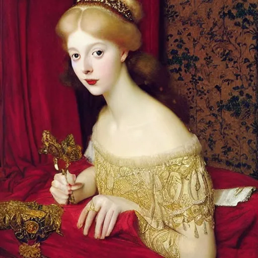 Image similar to a very very beautiful portrait of a young wealthy princess inside a very beautiful room by Frank Cadogan Cowper, graceful gaze, victorian style, golden jewellery