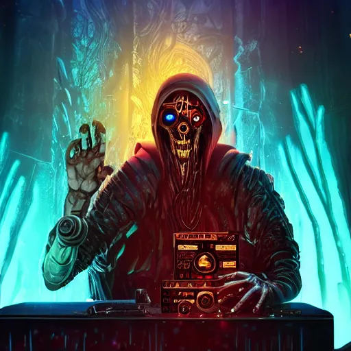 Image similar to cyberpunk undead lich ilithid mindflayer playing synthesizer, honeycomb background, D&D, smokey lights, lasers, highly detailed, realistic, technology and magic,