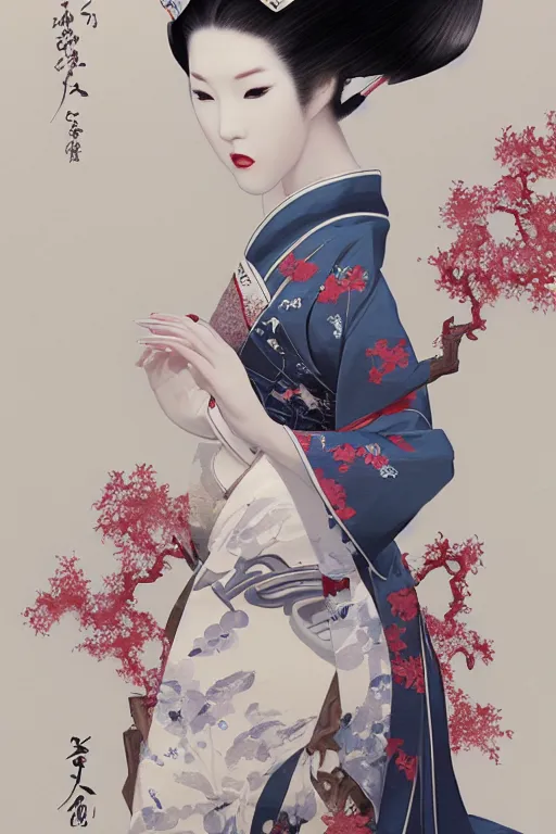 Image similar to the oriental female bionic artificial intelligence geisha in kimono is white, tender and beautiful. behind it is a japanese tatami room painted with a wave ukiyo screen, game character concept art, wide view, high detailed, craig mullins, peter mohrbacher, unreal engine, 8 k, dark beauty, trending on artstation