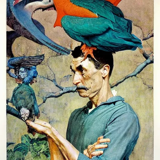 Image similar to mesozoic, teal gloomy by norman rockwell, by zinaida serebriakova. a installation art of a man, with an animal skull for a head, & a large bird perched on his shoulder. the man is looking up at the bird with a fierce expression, & the bird is looking back at him with an equally intense gaze.
