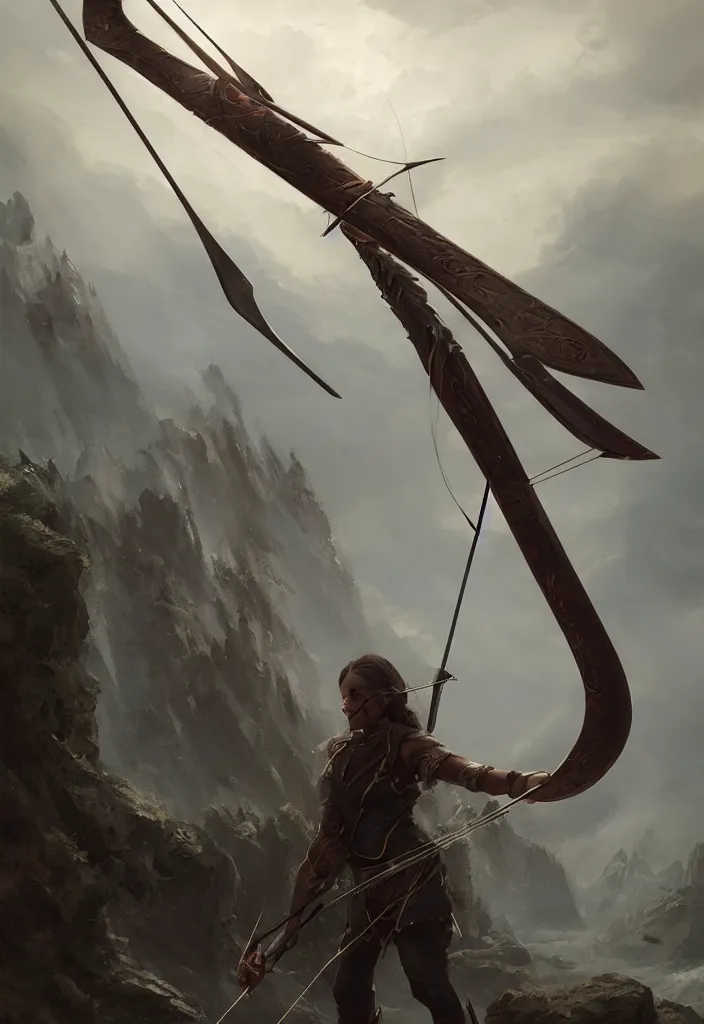 Image similar to a bow and arrow fantasy weapon only by greg rutkowski, sung choi, mitchell mohrhauser, maciej kuciara, johnson ting, maxim verehin, peter konig, 8 k photorealistic, cinematic lighting, hd, high details,