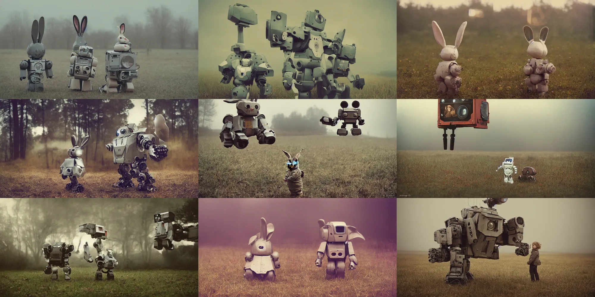 Prompt: giant oversized cute baby rabbit robot mech with big rabbit ears on a vilage , Cinematic focus, Polaroid photo, vintage, neutral colors, soft lights, foggy, panorama by Steve Hanks, by Serov Valentin, by lisa yuskavage, by Andrei Tarkovsky