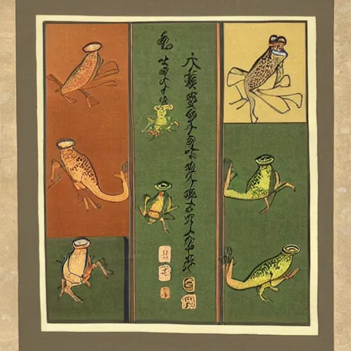 Prompt: ancient Japanese color art of a trio of frogs in different colors