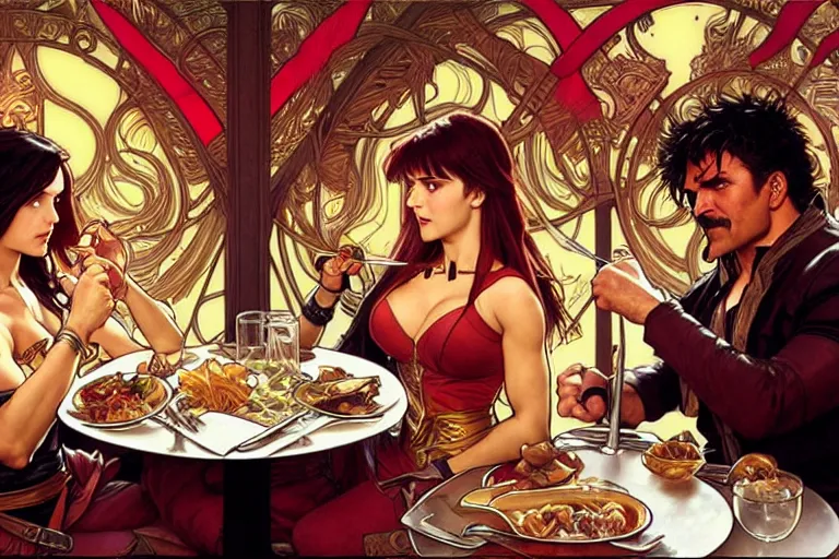 Image similar to xena warrior princess eating at a restaurant, with a hispanic man in a suit as her companion, art by artgerm and greg rutkowski and alphonse mucha