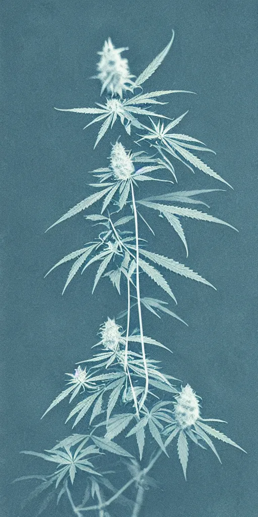 Prompt: cyanotype print of a singular cannabis bud, camera obscura, delicate, double exposure