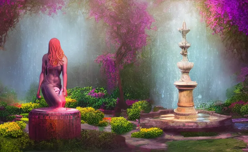 Prompt: The kneeling statue of a woman in a beautiful garden, next to a fountain and a mystical palace, and all this in a foggy and mysterious atmosphere.Fantasy and concept art, colorful digital painting.