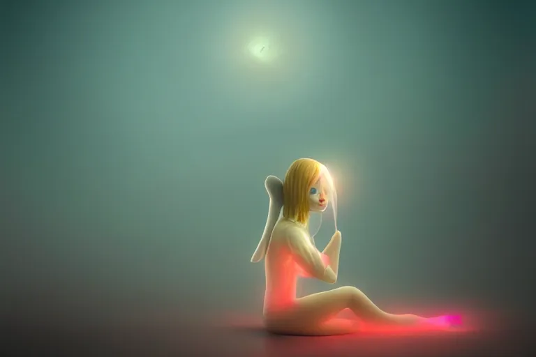 Image similar to a cute alien girl sitting on a cloud relaxing, misty, glows, digital art, hazy, foggy, red lighting, ambient lighting, 8 k,