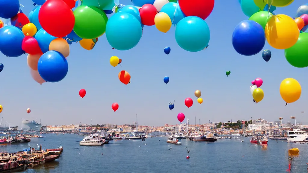 Image similar to photo of a lot of birthday balloons floating above a beautiful maritime port. sharp focus, highly - detailed, award - winning