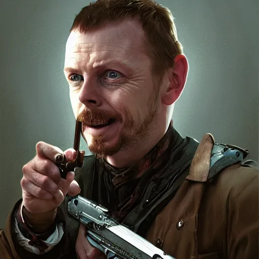 Image similar to portrait of simon pegg in the london of suburbs, winchester rifle, zombie apocalypse, joyful smirk, intricate, elegant, highly detailed, digital painting, artstation, concept art, matte, sharp focus, illustration, art by artgerm and greg rutkowski and alphonse mucha