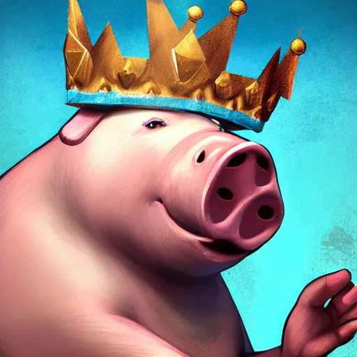 Image similar to A pig wearing a crown, with a light blue sword, 8k, Artstation, epic illustration