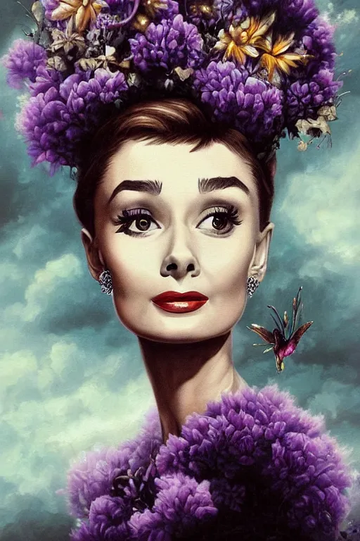 Image similar to closeup portrait fine art photo of the beauty audrey hepburn, she has a crown of stunning flowers and dress of purple satin and gemstones, background full of stormy clouds, by peter mohrbacher