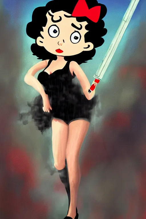 Prompt: betty boop in blade runner, smoking a cigarette holding a sword in the rain. digital painting