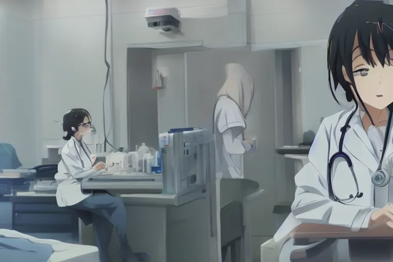 Image similar to a cute young female doctor wearing white coat are working in an emergency room , slice of life anime, cinematic, lighting, 8kHDR, anime scenery by Makoto shinkai