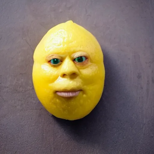 Prompt: a lemon in the shape of Dwayne Johnsons head