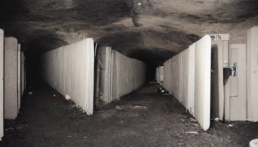 Prompt: 60s movie still of empty tunnel with toilets sieges, cinestill 800t 50mm eastmancolor, liminal Space style, heavy grain-s 150