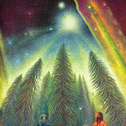 Prompt: psychedelic amber eyes lush pine forest, outer space, milky way, designed by arnold bocklin, jules bastien - lepage, tarsila do amaral, wayne barlowe and gustave baumann, cheval michael, trending on artstation, star, sharp focus, colorful refracted sparkles and lines, soft light, 8 k 4 k