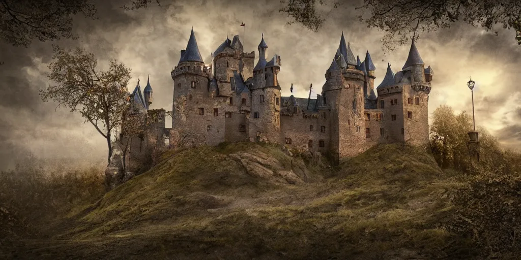 Image similar to a castle, 35mm lens, 8k, fantasy, hyper realistic, dramatic lighting, cinematic