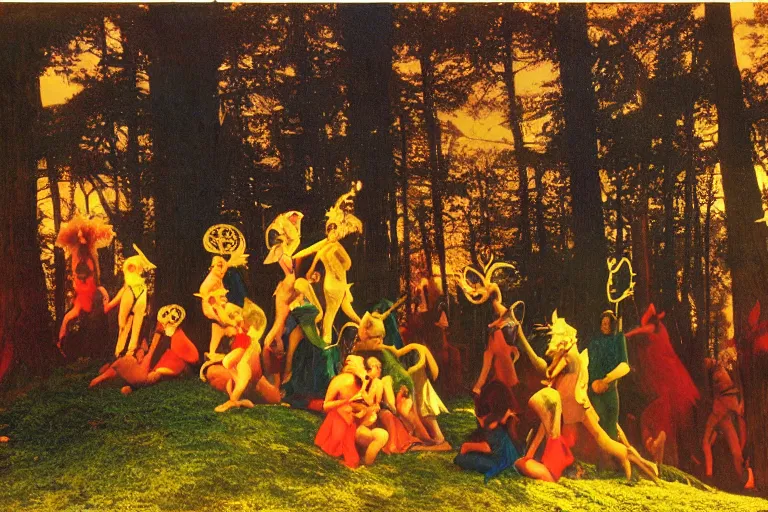 Prompt: autochrome of a midsummernight's dream renaissance forest festival at sunset with animal masks in the style of maxfield parrish and jeffrey jones
