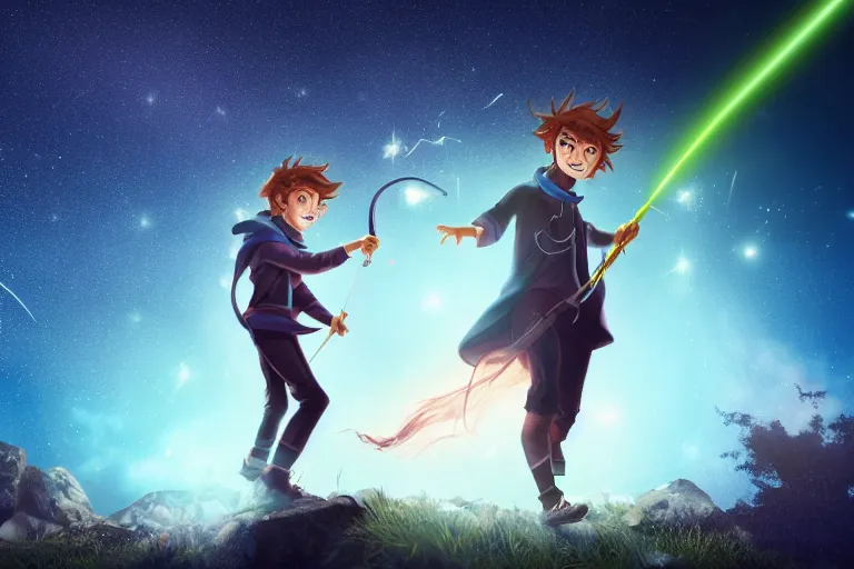 Image similar to a young adult wizard with very detailed face, hair clothes and shoes points their wand fiercely from which a blast of bright magic flies from the end of the wand, on an empty moonlit hill, dramatic lighting, lens flare, cinematic photography