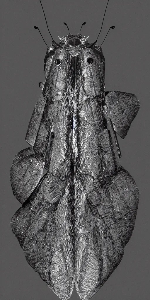 Image similar to cybernetic moth. portrait. complex shape. octane render. 8 k. soft light. dark background. monochrome. cinematic.