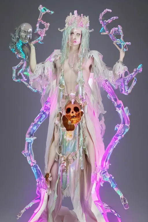 Image similar to full-body rococo and cyberpunk delicate neon crystalline sculpture of ((young muscular onyx albino Colombian prince)) as an iridescent humanoid deity wearing ((peach plastic hooded cloak)) (holding a human skull) in a white castle dungeon, reclining, glowing pink face, crown of (pink lasers), large blue diamonds, swirling black silk fabric. futuristic elements. oozing glowing liquid, full-length view. space robots. intricate artwork by caravaggio. Trending on artstation, octane render, cinematic lighting from the right, hyper realism, octane render, 8k, depth of field, 3D