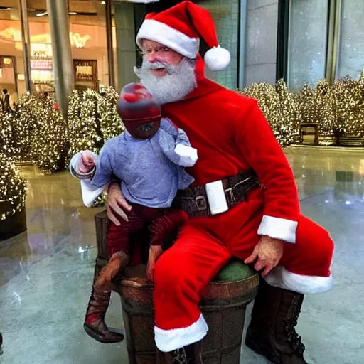 Image similar to baby groot sitting on a mall santas lap