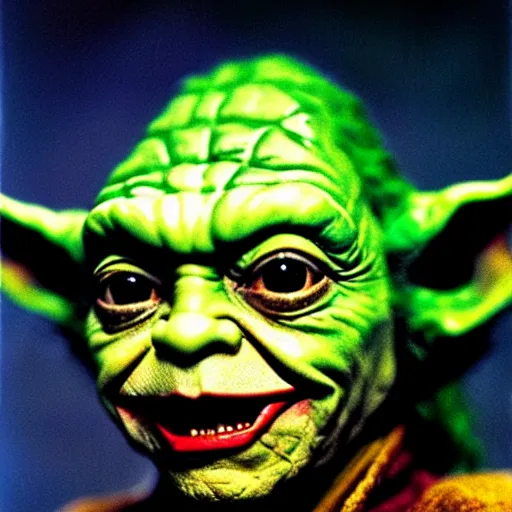 Image similar to uhd photorealisitc candid photo of yoda as the joker. correct makeup. correct face, accurate face. photo by annie leibowitz and steve mccurry