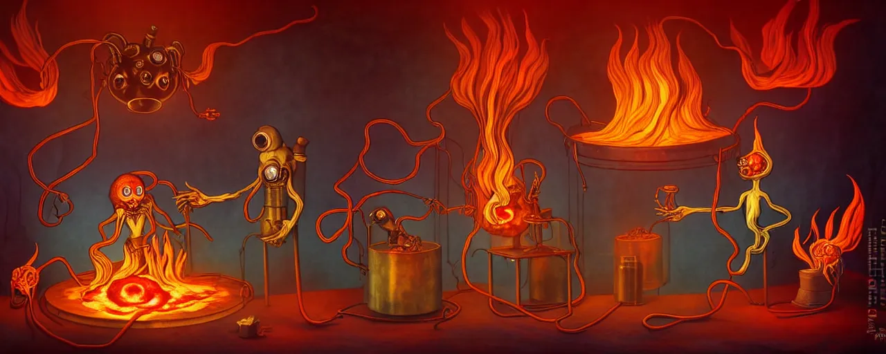 Prompt: uncanny alchemist chthonic creatures inside a fiery alchemical lab within the left ventricle of a human heart, dramatic lighting, surreal 1 9 3 0 s fleischer cartoon characters, surreal painting by ronny khalil