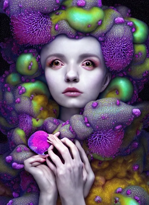 Image similar to hyper detailed 3d render like a Oil painting - kawaii portrait Aurora (white haired Singer Ferret) seen Eating of the Strangling network of yellowcake aerochrome and milky Fruit and Her delicate Hands hold of gossamer polyp blossoms bring iridescent fungal flowers whose spores black the foolish stars by Jacek Yerka, Mariusz Lewandowski, Houdini algorithmic generative render, Abstract brush strokes, Masterpiece, Edward Hopper and James Gilleard, Zdzislaw Beksinski, Mark Ryden, Wolfgang Lettl, hints of Yayoi Kasuma, octane render, 8k