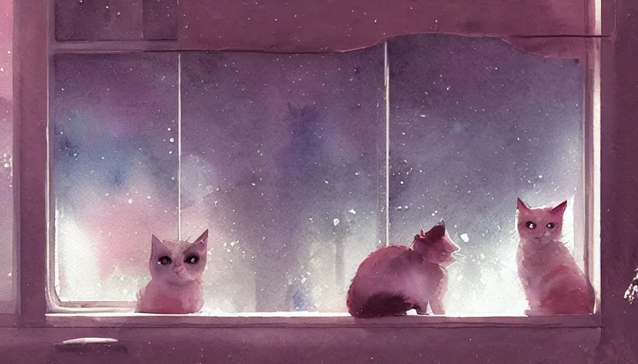 Prompt: watercolor illustration style, cute cats looking out the window, dreamy aesthetic, misty, trending on artstation, vivid colors, 8 k, filip hodas, jeremy mann