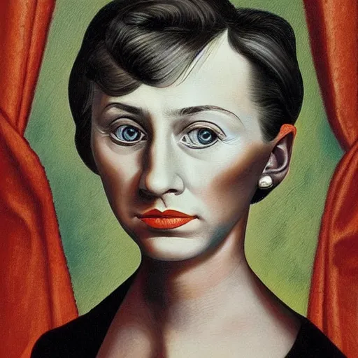 Image similar to very very beautiful surreal detailed portrait of young hillary clinton, painted by max ernst