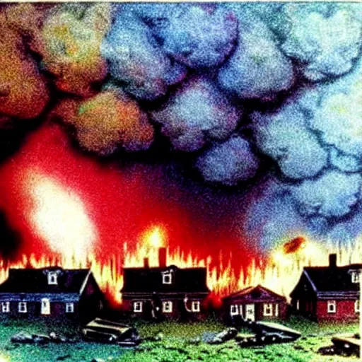 Image similar to color photo from the 80s, the shelling of a house in New York by Soviet soldiers, epic style, a bunch of explosions, realistic style