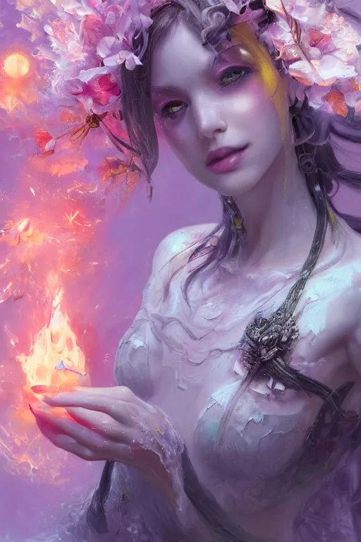 Image similar to face closeup of extremely beautiful girl necromancer, magical fairy exploding into flowers and ice, angels, 3 d render, hyper - realistic detailed portrait, holding fire and electricity rainbow, ruan jia, wlop. scifi, fantasy, magic the gathering, hyper detailed, octane render, concept art, peter mohrbacher