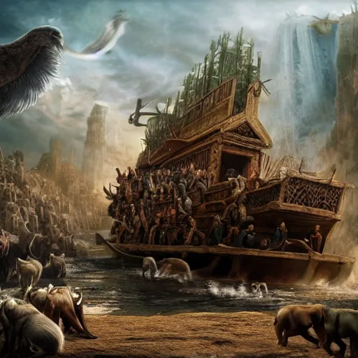 Image similar to an extremely detailed matte painting of the animals leaving noah's ark, 4 k, noah from the bible as a wizard, antediluvian, in the style of epic fantasy