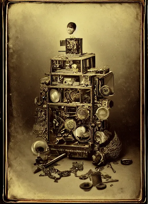 Prompt: old wetplate daguerreotype portrait of the birth of a genius inventor, explosion of data fragments, fractal, intricate, elegant, highly detailed, parallax, leica, medium format, subsurface scattering, by jheronimus bosch and greg rutkowski and louis jacques mande daguerre