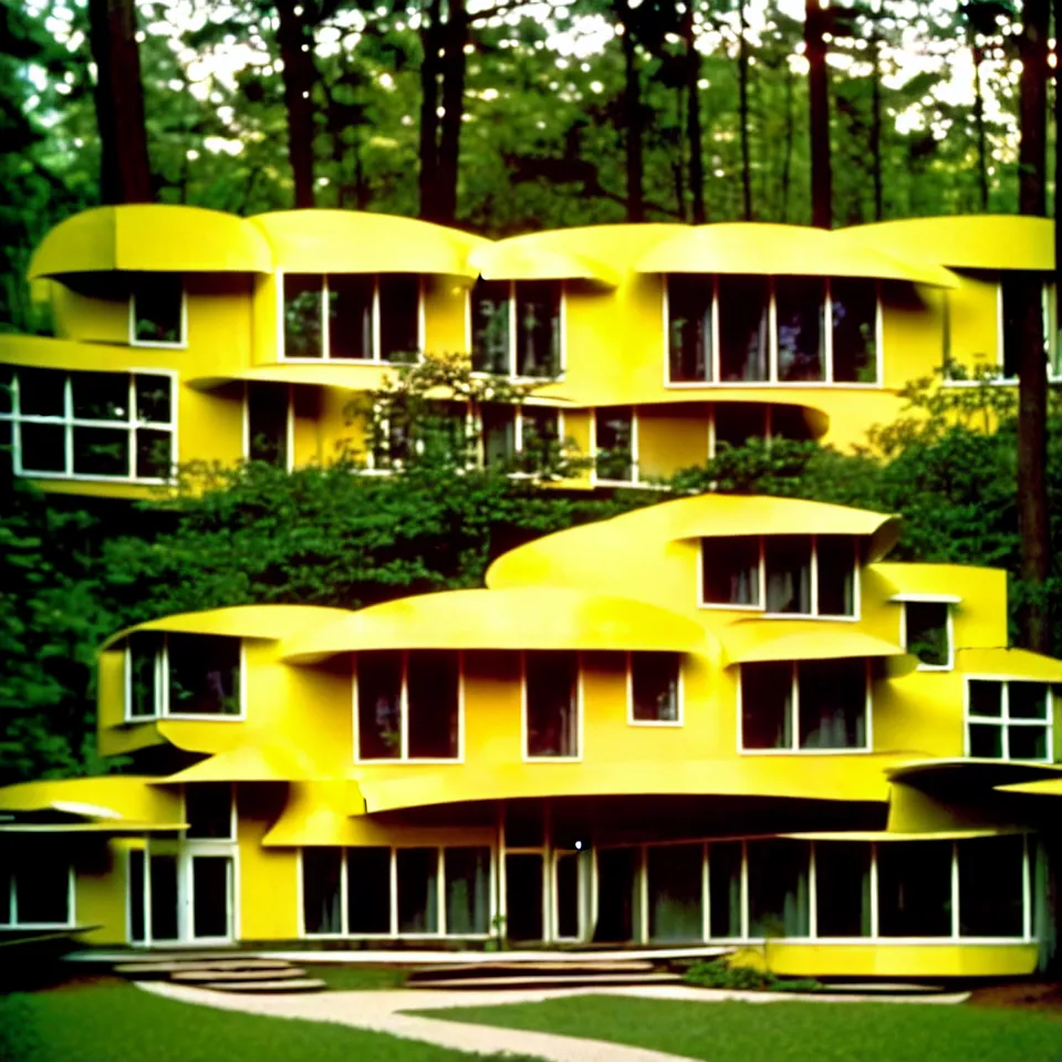 Image similar to a mid-century modern house with big tiles, from afar, in a forest, designed by Frank Gehry. Film grain, cinematic, yellow hue