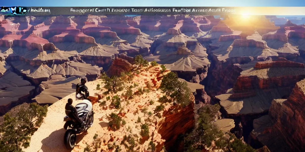 Prompt: a man on a motorcycle jumping the Grand Canyon, wide angle, super highly detailed, professional digital painting, artstation, concept art, smooth, sharp focus, no blur, no dof, extreme illustration, Unreal Engine 5, Photorealism, HD quality, 8k resolution, cinema 4d, 3D, beautiful, cinematic, art by artgerm and greg rutkowski and alphonse mucha and loish and WLOP