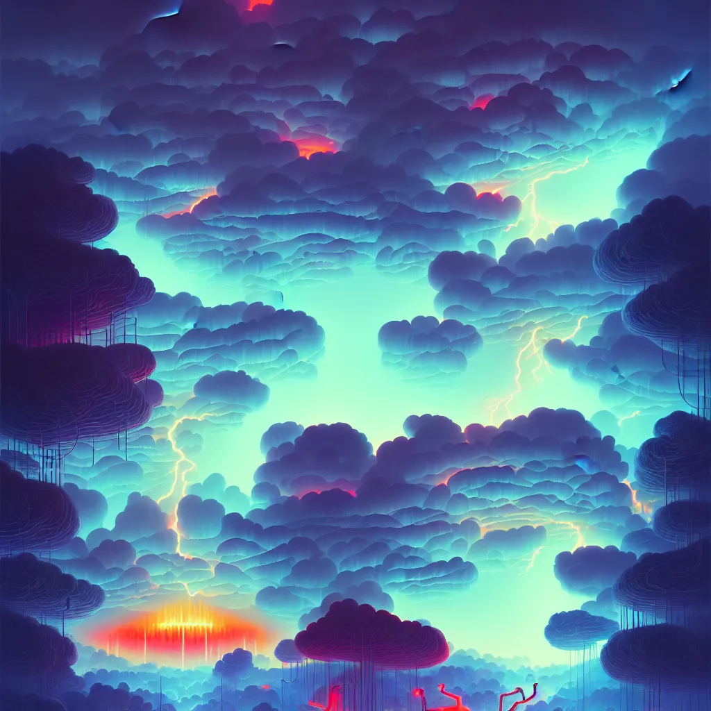 Image similar to illustration of a data-center, connector, firewall, cloud, security, river, trees, thunderstorm, trending on Artstation, painting by Jules Julien, Leslie David and Lisa Frank and Peter Mohrbacher and Alena Aenami and Dave LaChapelle muted colors with minimalism