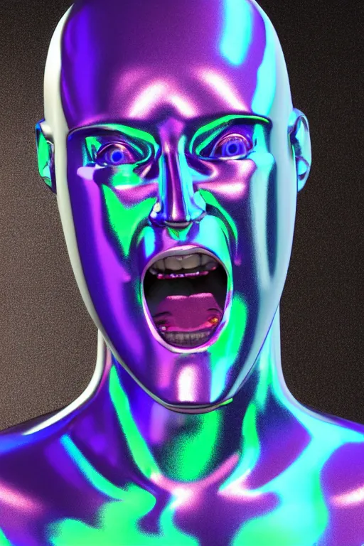 Image similar to 3d render of holographic angry human robotic screaming angry bust made of glossy iridescent, screaming, bust, surrealistic 3d illustration of a human non-binary, non binary model, 3d model human, cryengine, made of holographic texture, holographic material, holographic rainbow, concept of cyborg and artificial intelligence